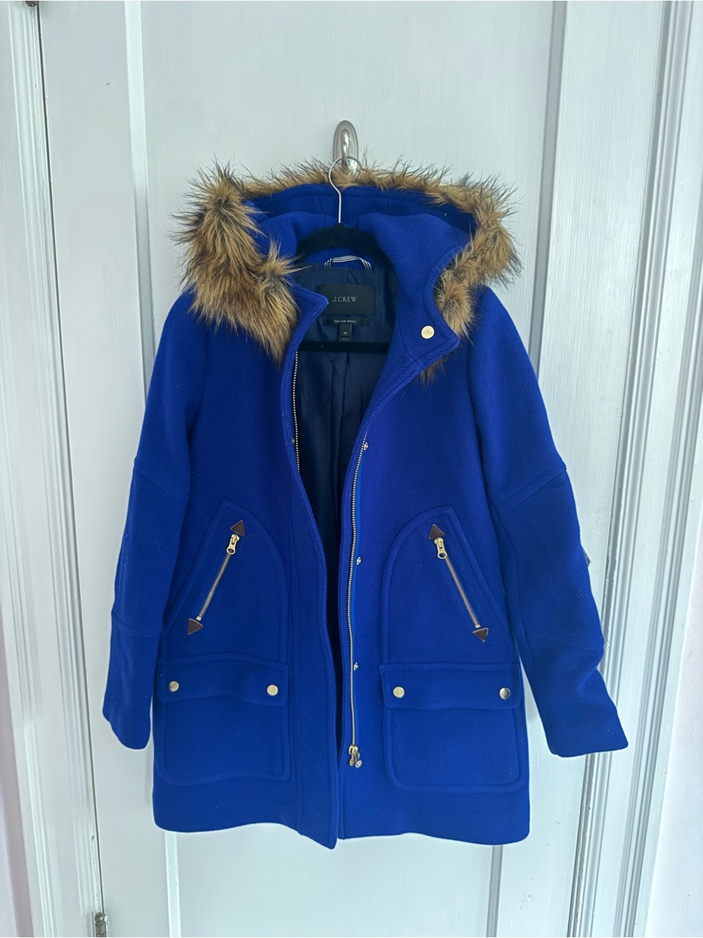 J. Crew Electric Blue Hooded Wool-Blend Coat with Faux-Fur Trim